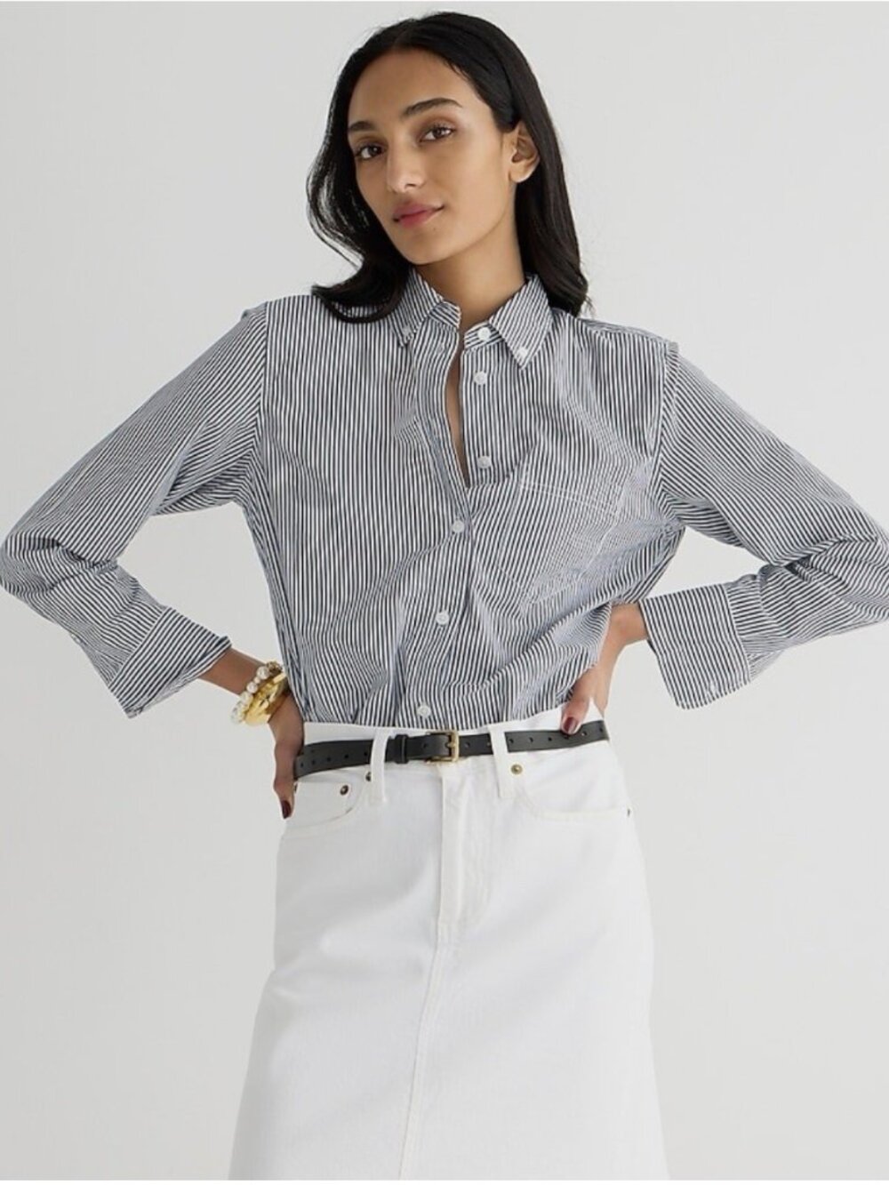 J.Crew Sz 0 Classic Fit Washed Cotton Poplin Shirt In Navy White Stripe